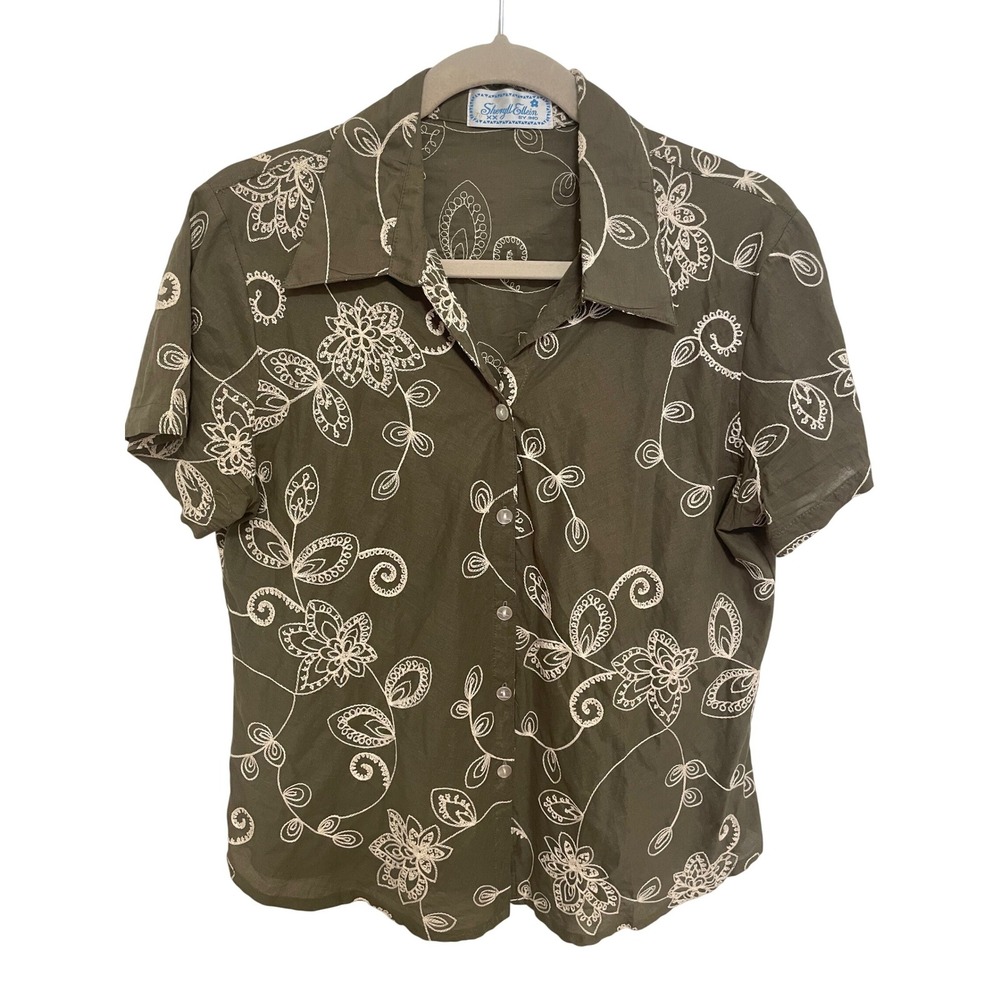 Sheryll Ellein by INO Olive Green Floral Embroidered Button Down Shirt‎ L